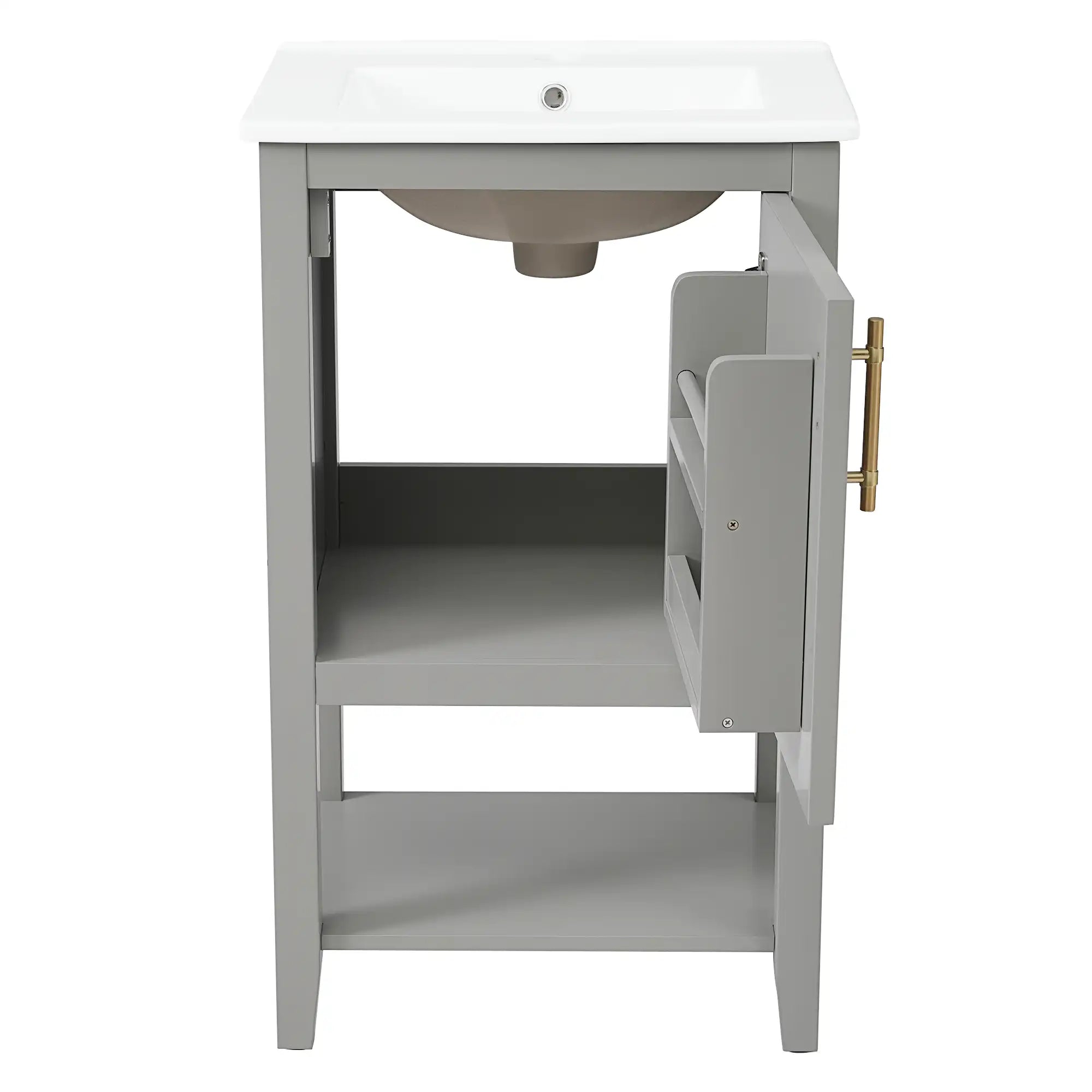20" grey vanity bathroom unit with door storage rack open | Ace Decor