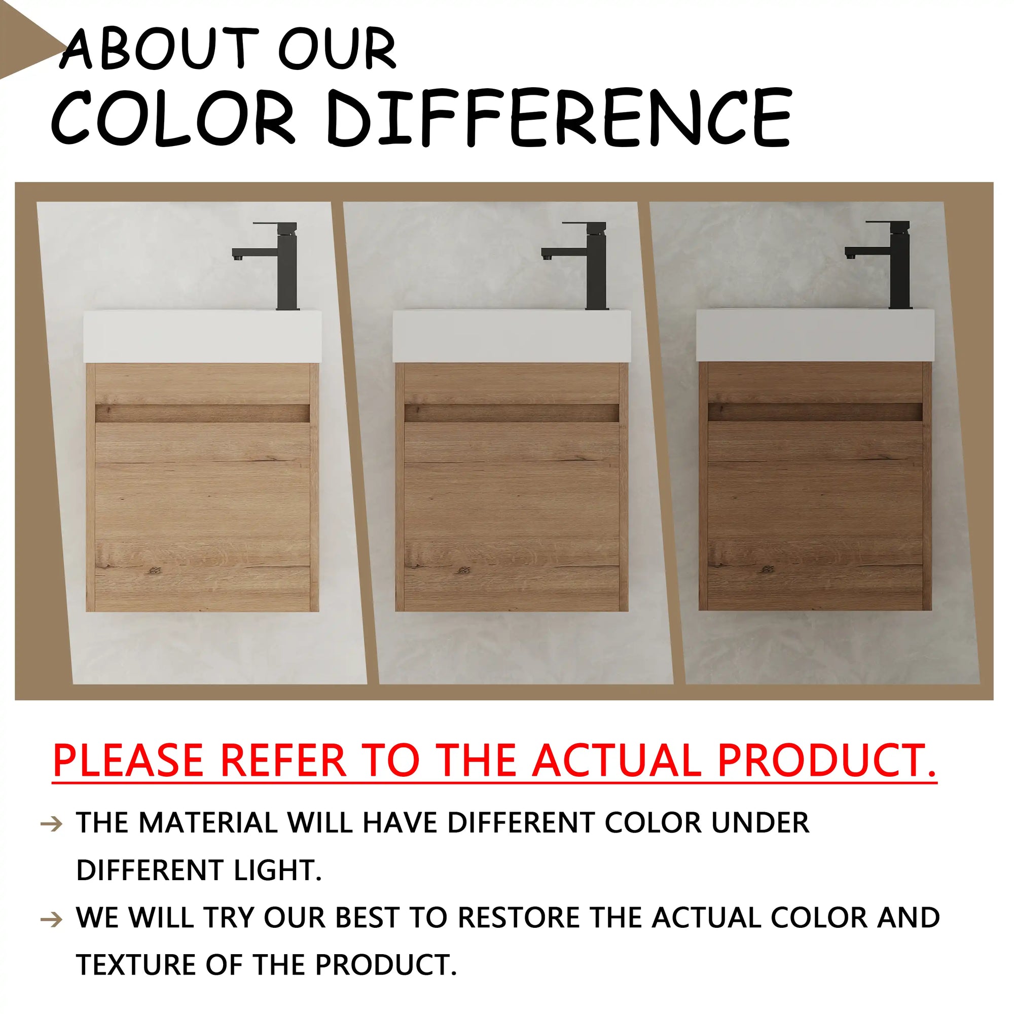 Color variation reference of 18" wall mount bathroom sink vanity under different lighting conditions | Ace Decor