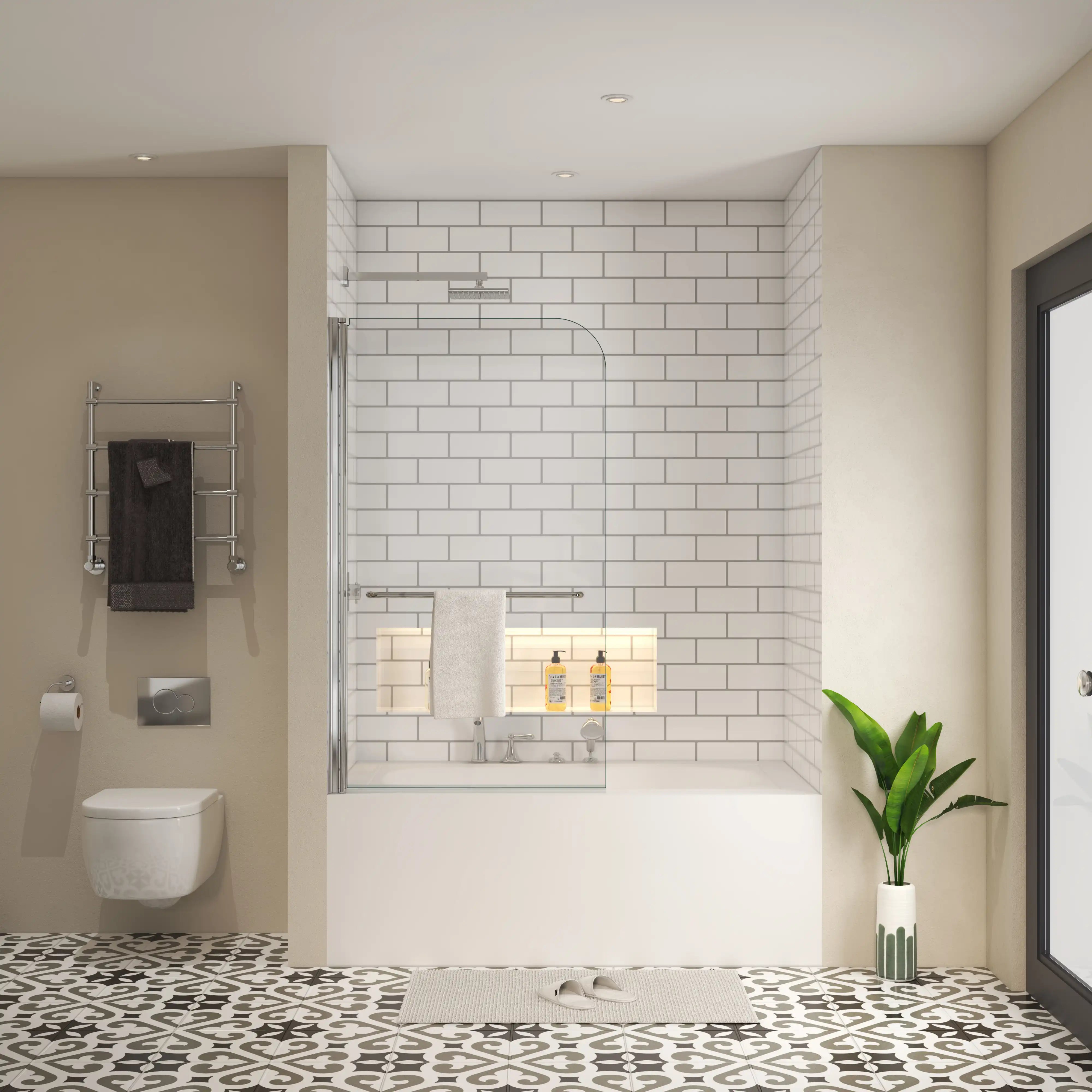 34 x 58 frameless bathtub shower door in a modern bathroom with chrome fixtures | Ace Decor