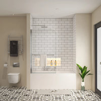 34 x 58 frameless bathtub shower door in a modern bathroom with chrome fixtures | Ace Decor
