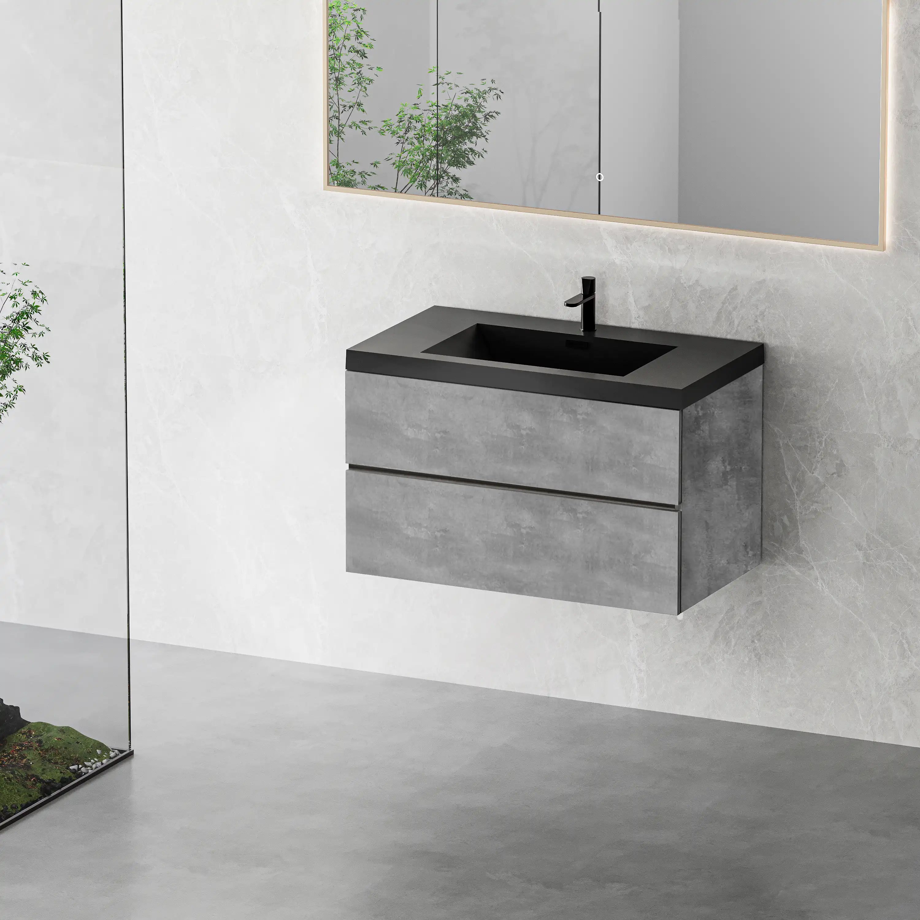 23''-47'' Floating Dark Grey Corner Vanity with Matte Black Sink - 2 Soft Close Drawers