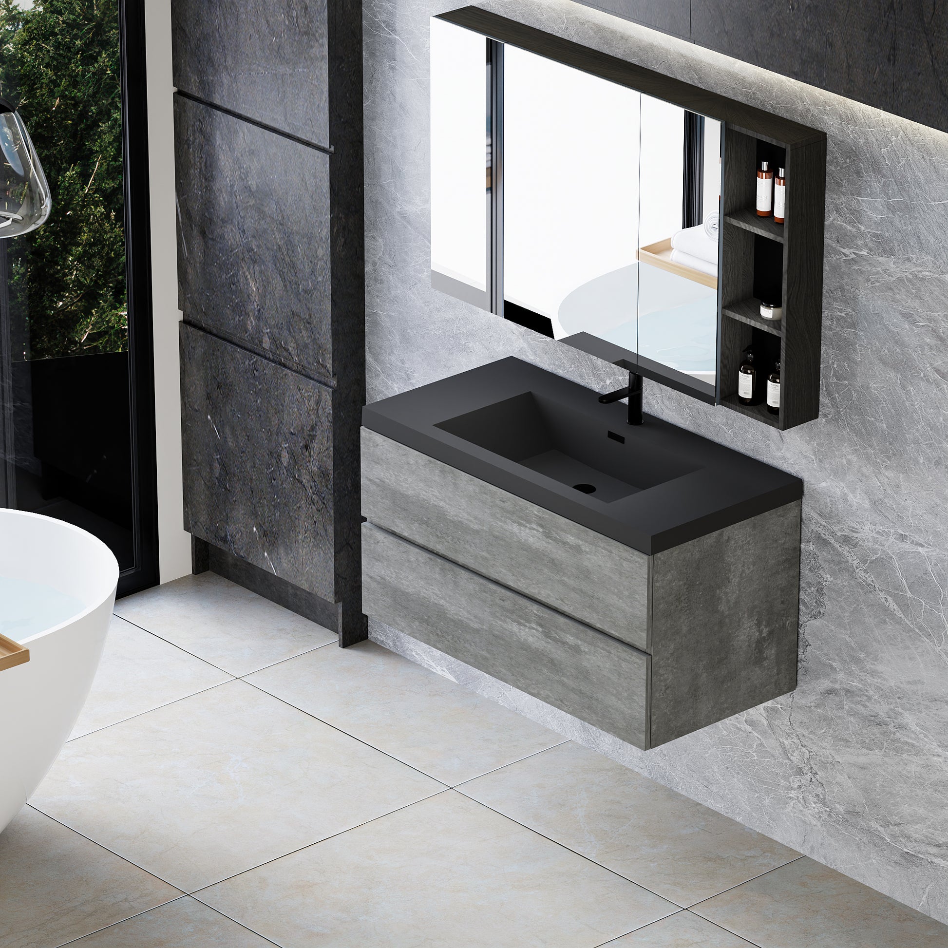 Floating Bathroom Vanity with Quartz Sand Basin and Soft Close Drawers color: Grey