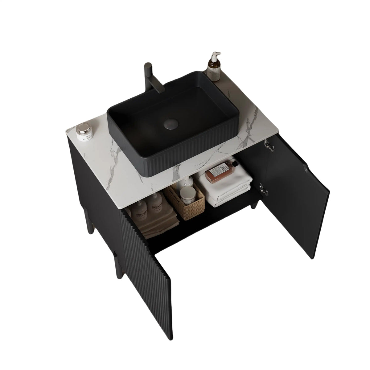 30 inch black bathroom vanity with integrated sink and spacious cabinet storage.