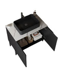 30 inch black bathroom vanity with integrated sink and spacious cabinet storage.