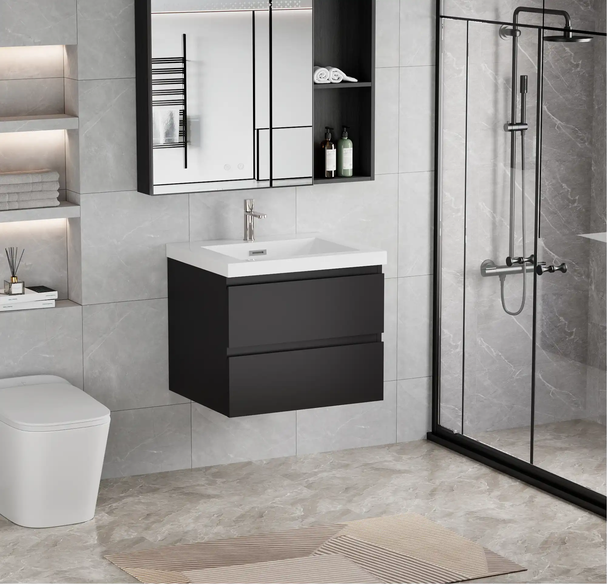 23-42 Inch Glossy Black Bathroom Floating Vanity with Resin Sink and 2 Soft-Close Drawers
