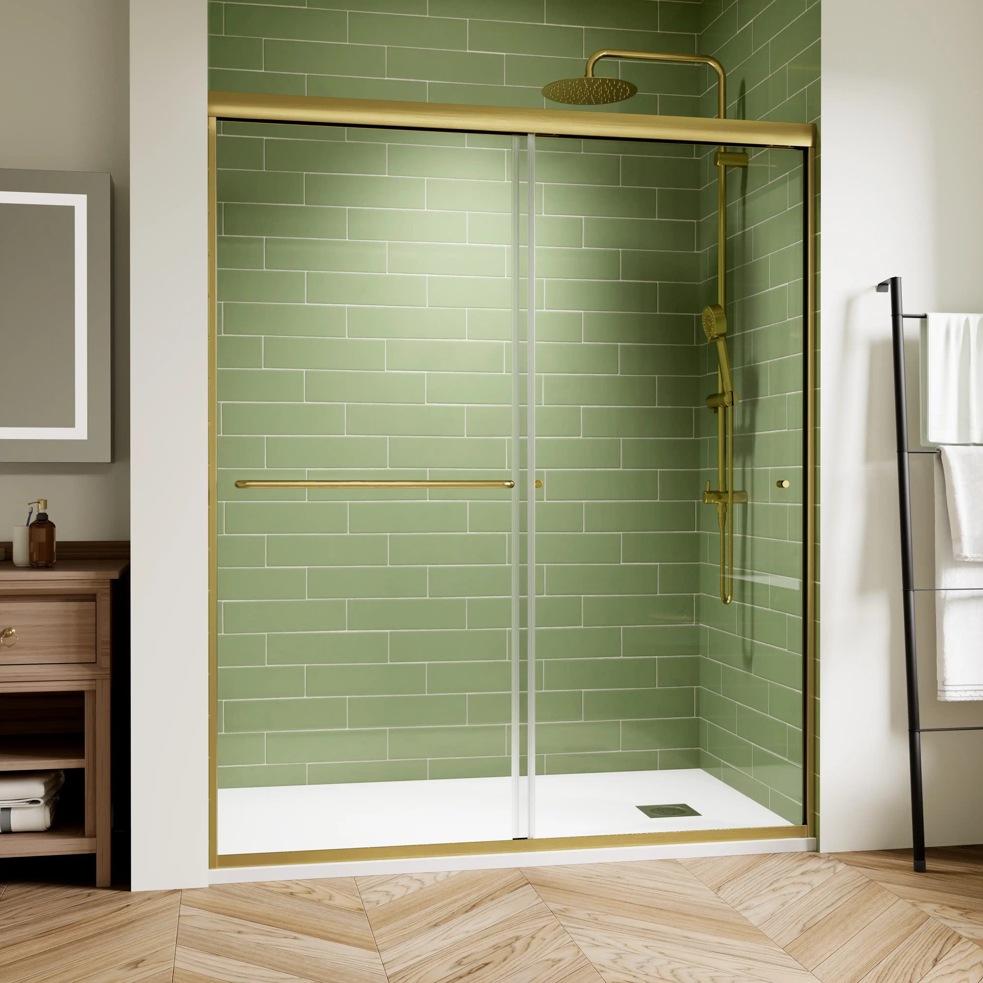 Front view of the 60 x 72 framed shower door with brushed-gold frame and single handle installed in a green-tile bathroom | Ace Decor