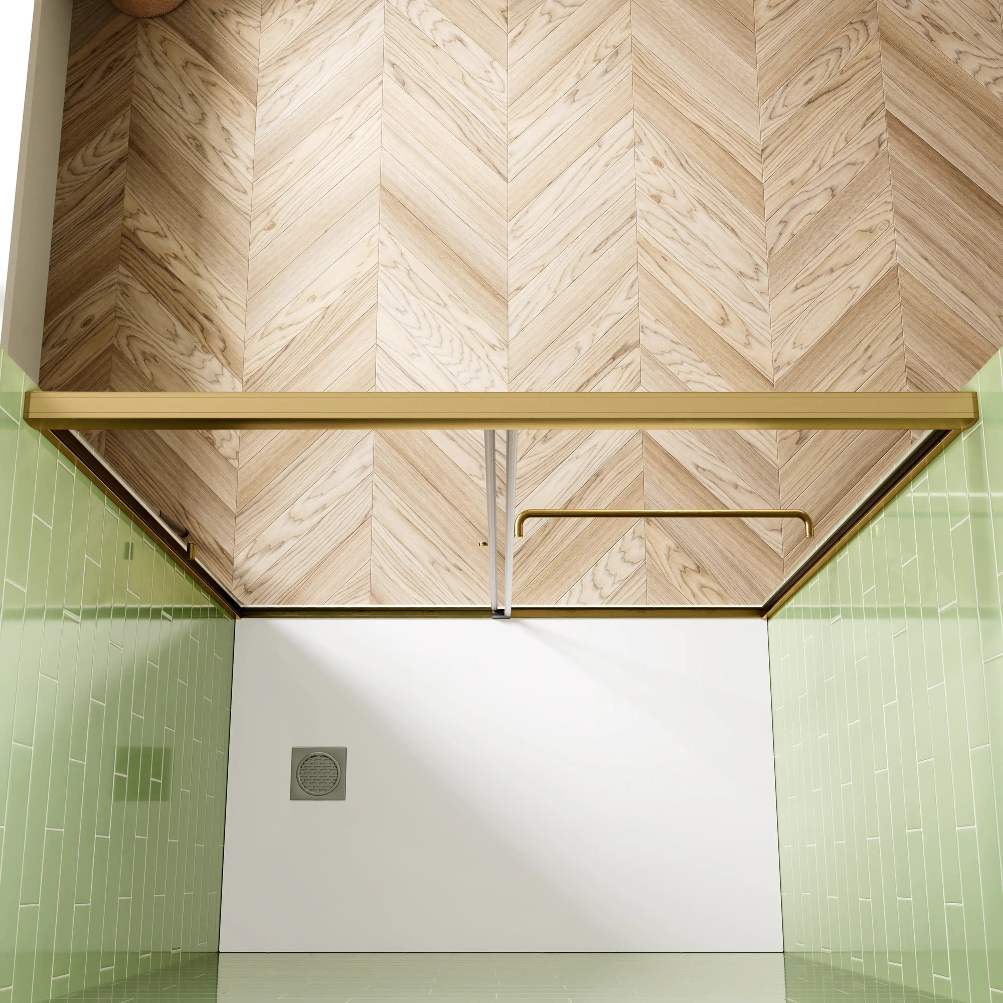 Top view of the 60 x 72 framed shower door showing the brushed-gold top rail and interior towel bar within green tile walls | Ace Decor