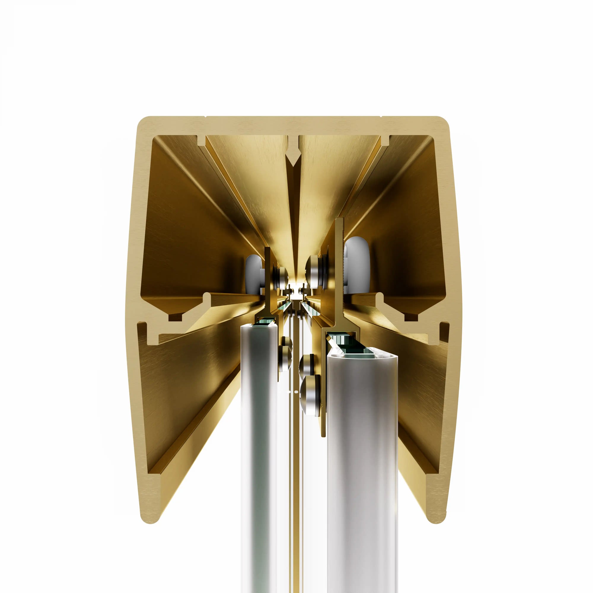 Close-up of the 60 x 72 framed shower door’s enclosed gold rail system showing roller and track details | Ace Decor