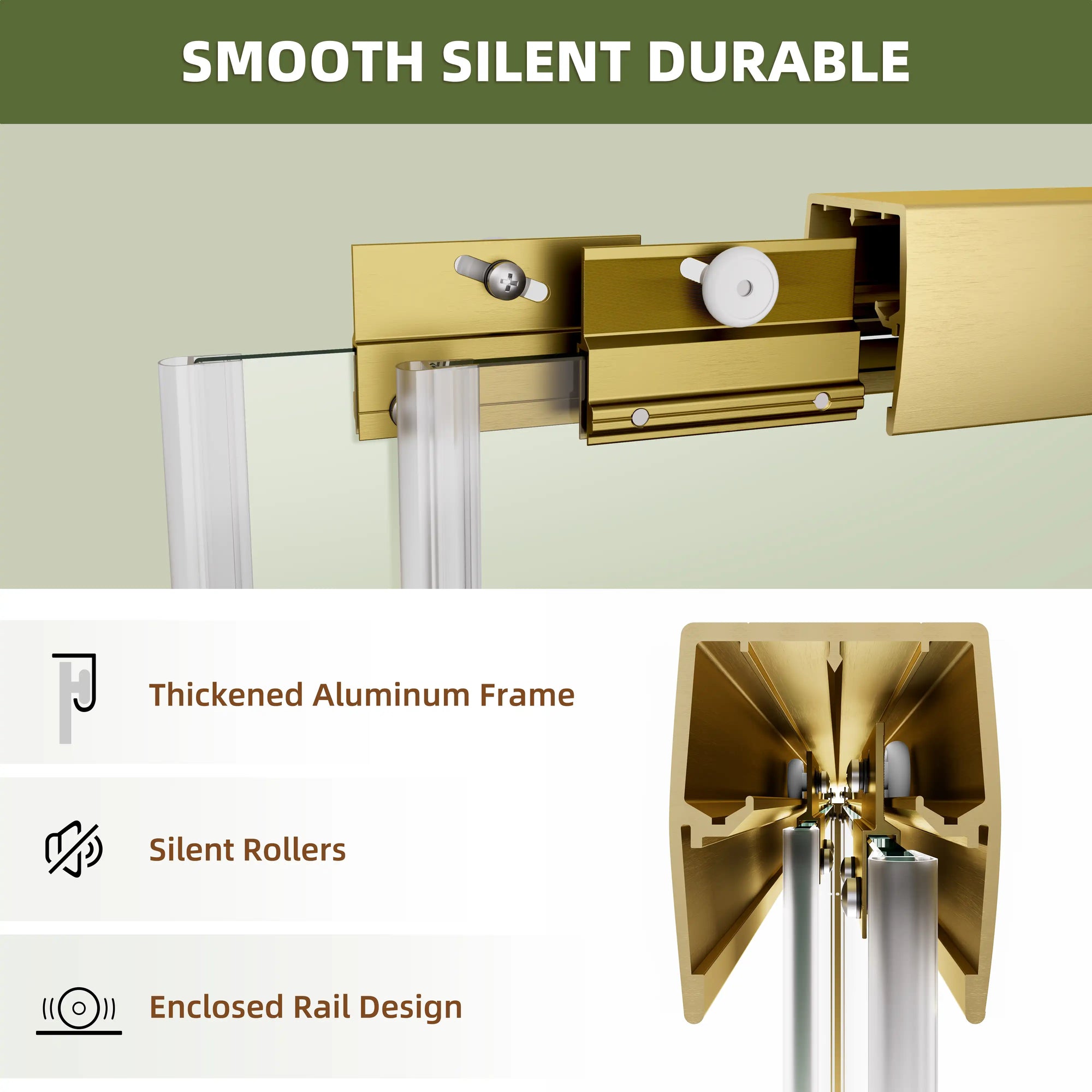 Detail view of the 60 x 72 framed shower door’s thickened aluminum frame, silent rollers, and enclosed rail design for smooth, quiet operation | Ace Decor