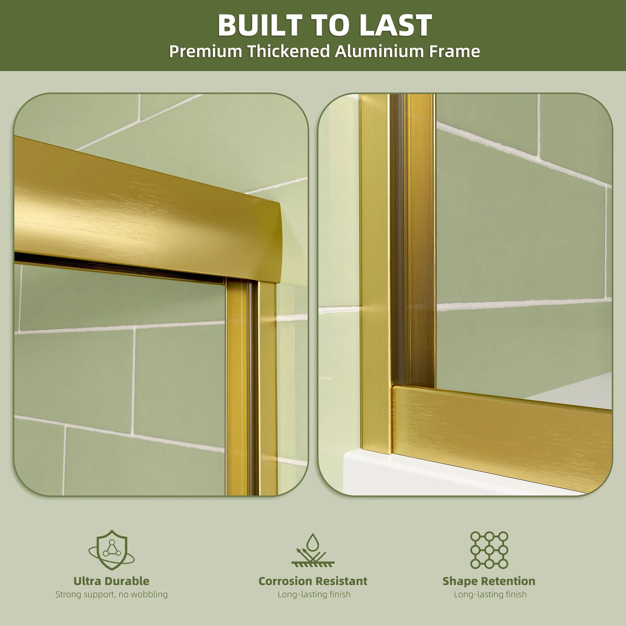 Close-up of the 60 x 72 framed shower door’s thickened brushed-gold aluminum frame showing durability, corrosion resistance, and shape retention | Ace Decor