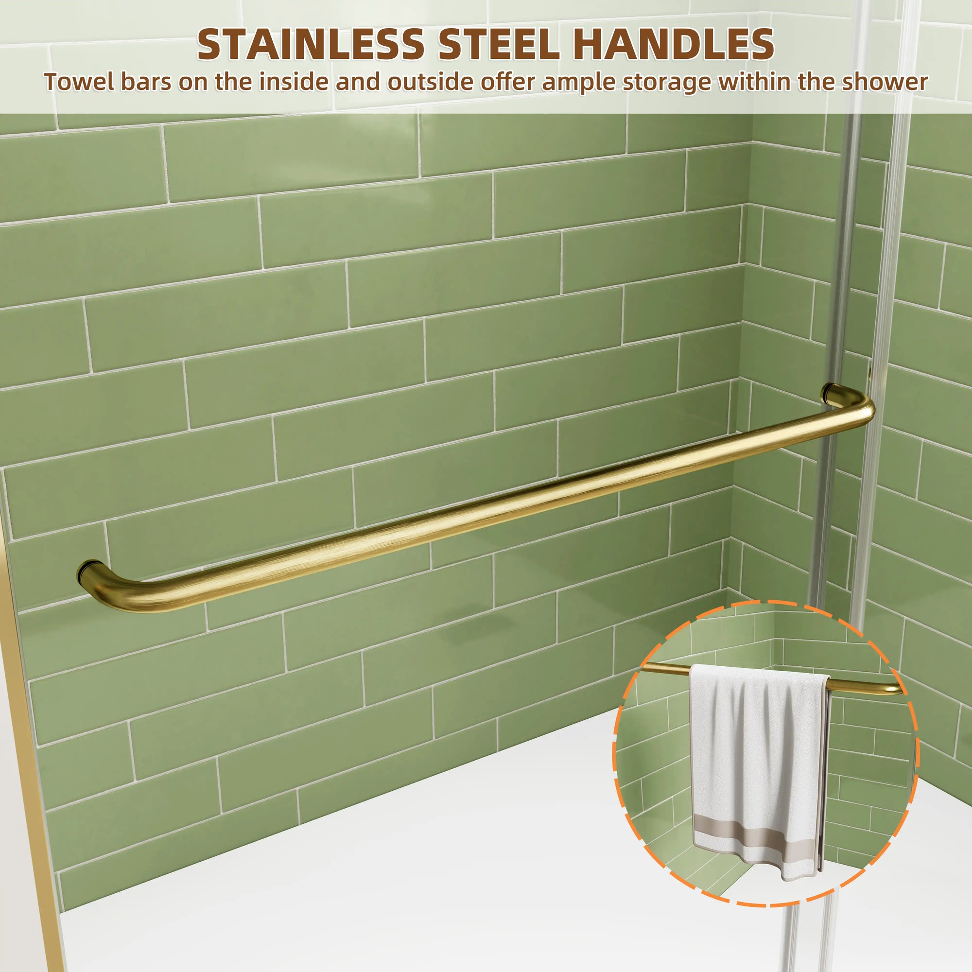 Interior view of the 60 x 72 framed shower door showing brushed-gold stainless steel towel bars with added storage detail | Ace Decor