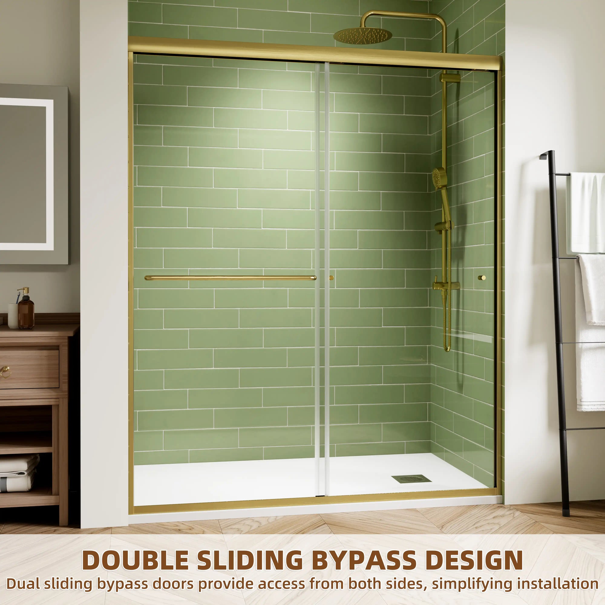 Front view of the 60 x 72 framed shower door showcasing the double sliding bypass design for two-way access | Ace Decor