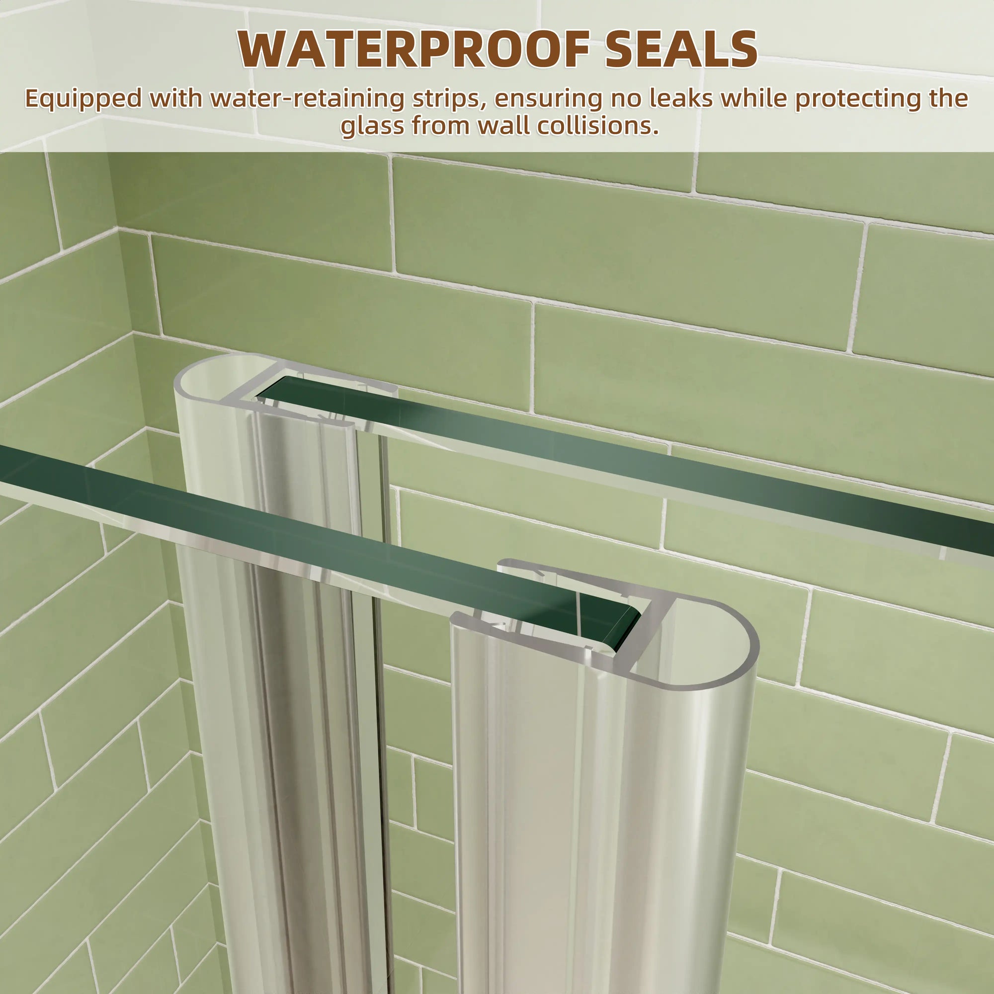 Close-up of the 60 x 72 framed shower door’s waterproof seals and protective water-retaining strips | Ace Decor