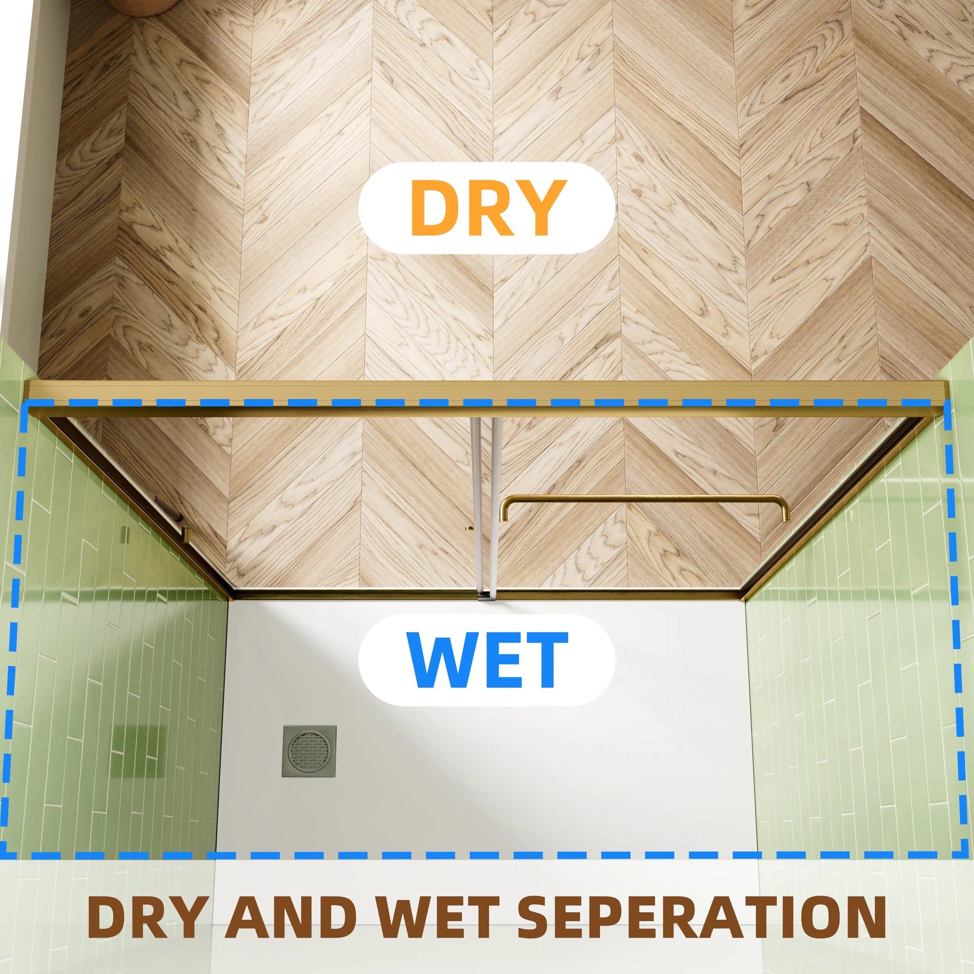 Top view of the 60 x 72 framed shower door illustrating dry and wet area separation within the bathroom | Ace Decor