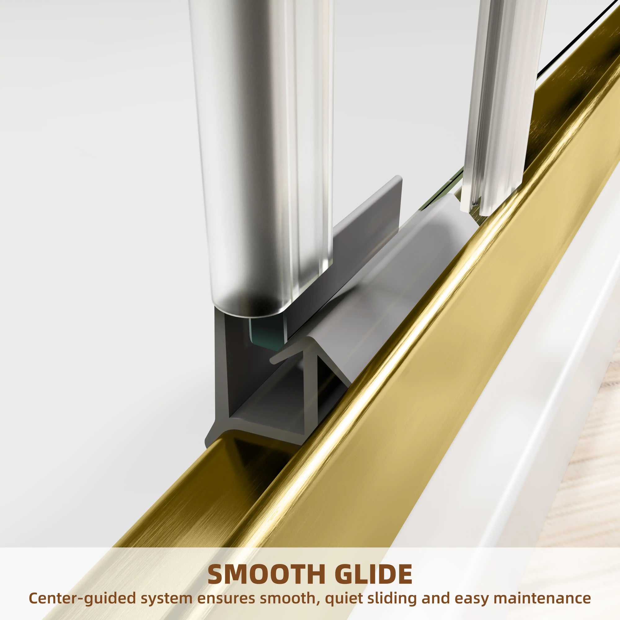 Close-up of the 60 x 72 framed shower door’s bottom guide system showing smooth, quiet sliding components | Ace Decor