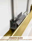 Close-up of the 60 x 72 framed shower door’s bottom guide system showing smooth, quiet sliding components | Ace Decor