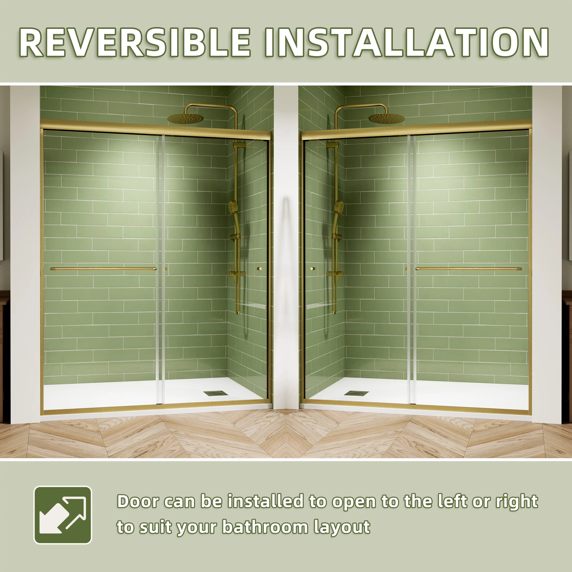 Side-by-side views of the 60 x 72 framed shower door showing reversible left or right installation options | Ace Decor