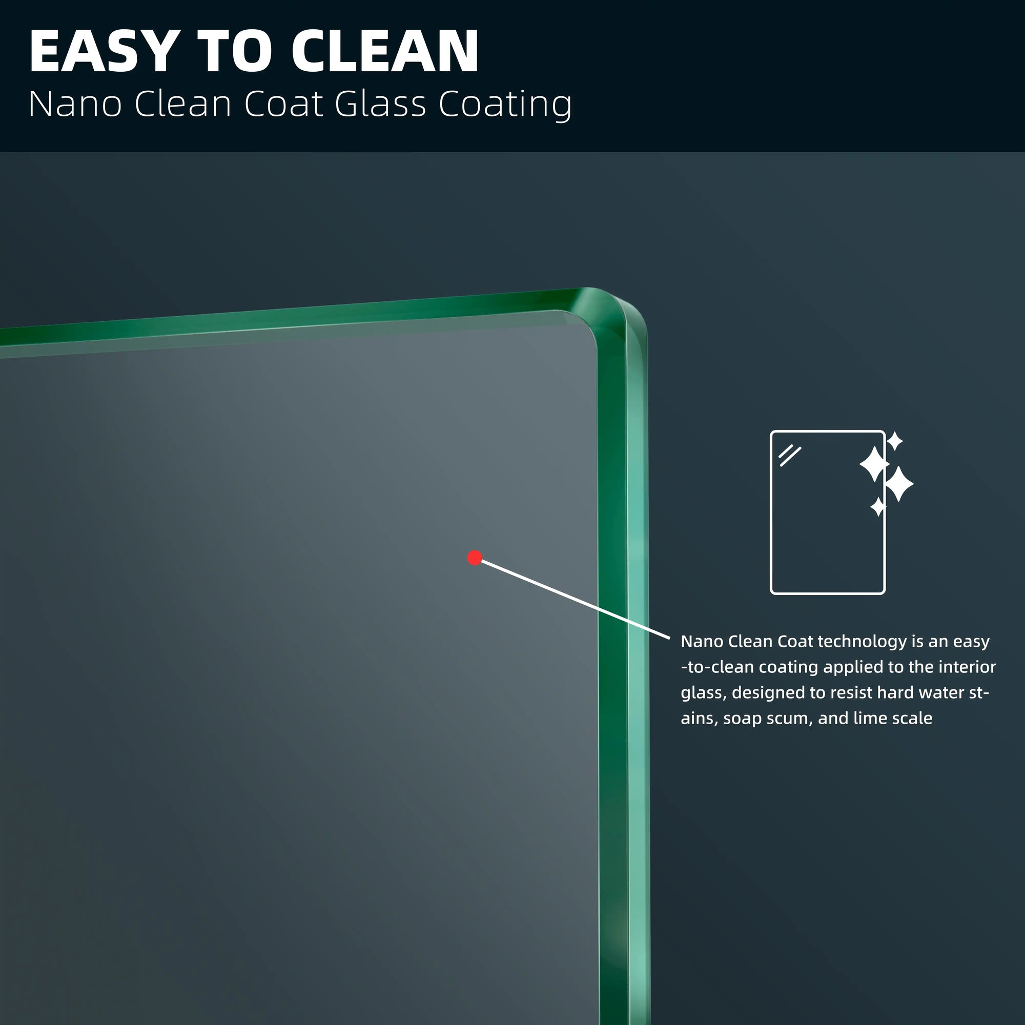 Close-up of the 60 x 72 framed shower door’s nano clean-coated glass surface for easier maintenance | Ace Decor