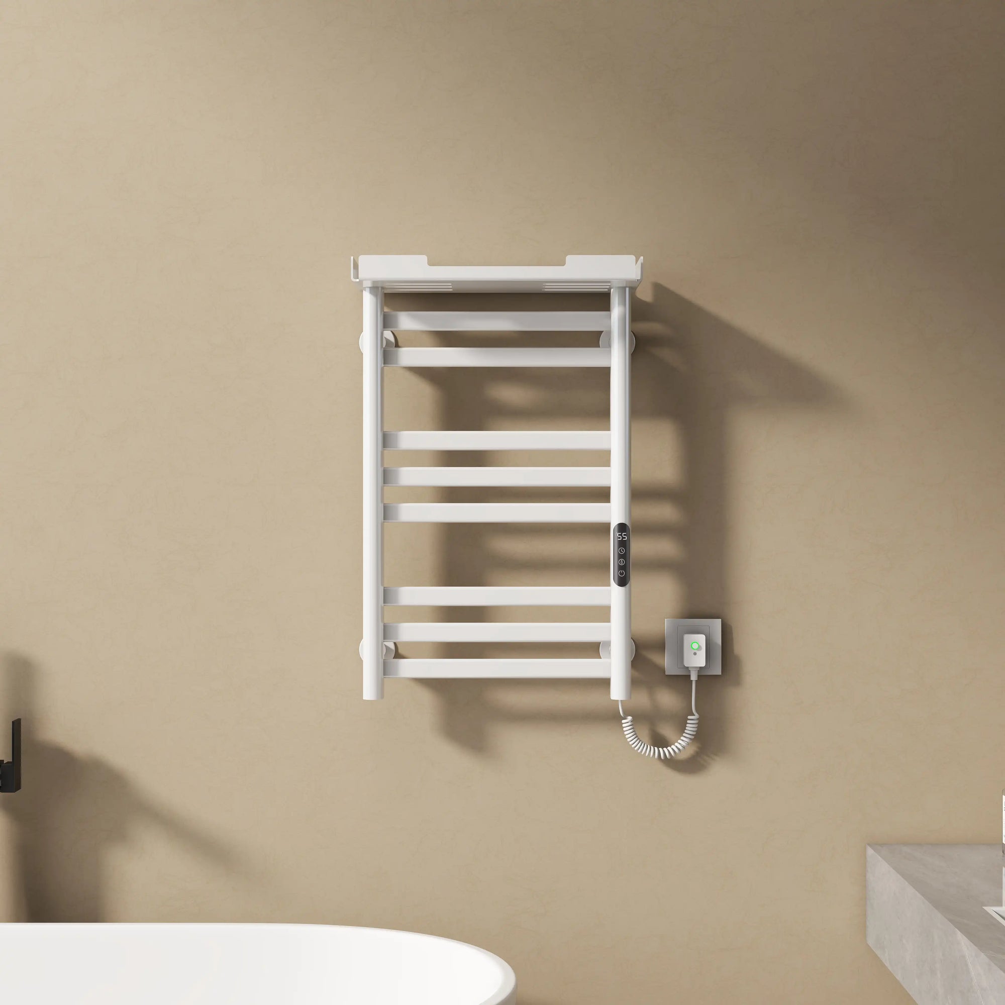 18 x 27 white hot towel warmer for home wall-mounted beside bathtub with LED control panel | Ace Decor