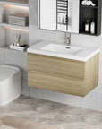 Floating Bathroom Vanity with Resin Top Basin & Soft Close Drawers - Modern Wall-Mounted Storage Cabinet color: Oak