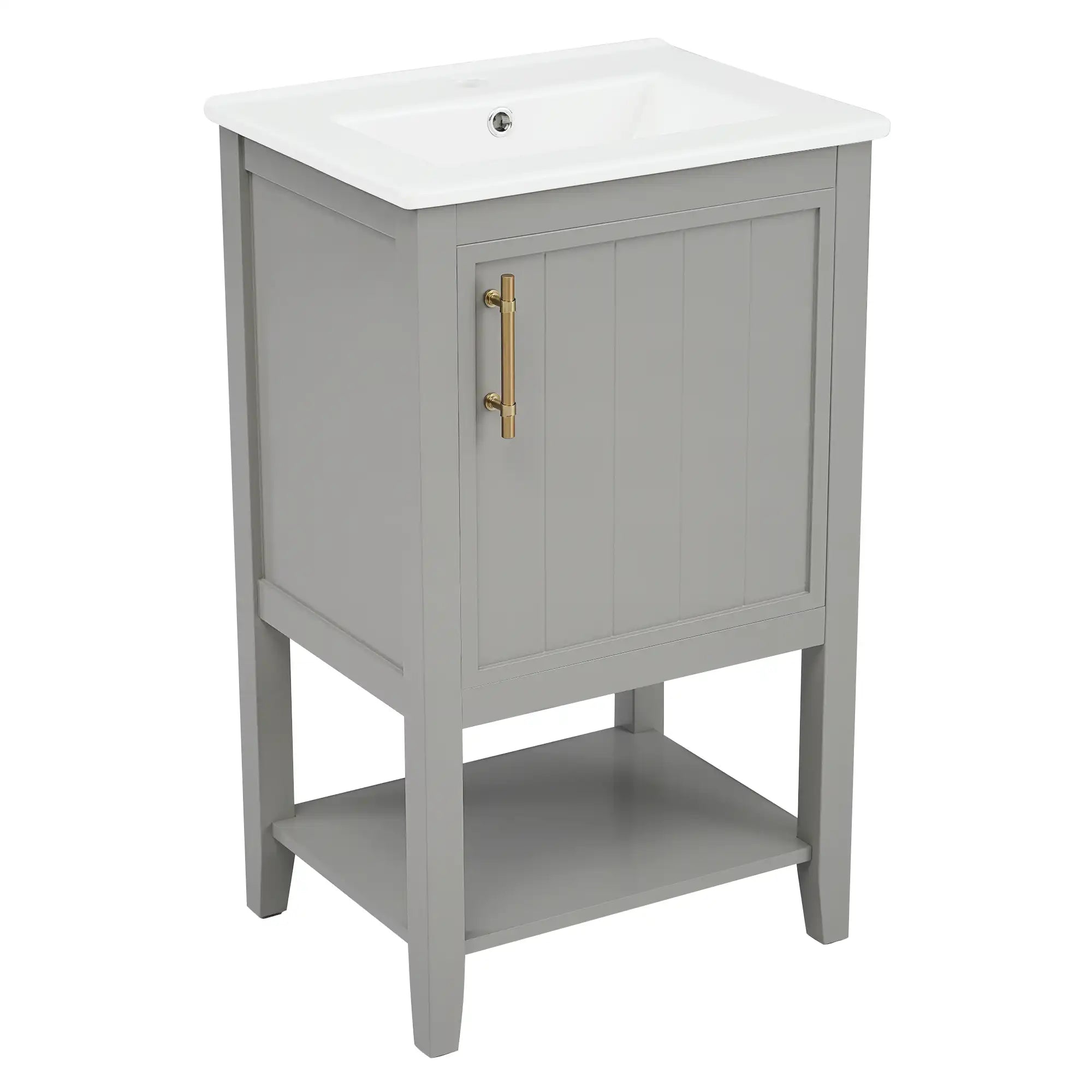 20" grey vanity bathroom unit angled view with open bottom shelf | Ace Decor