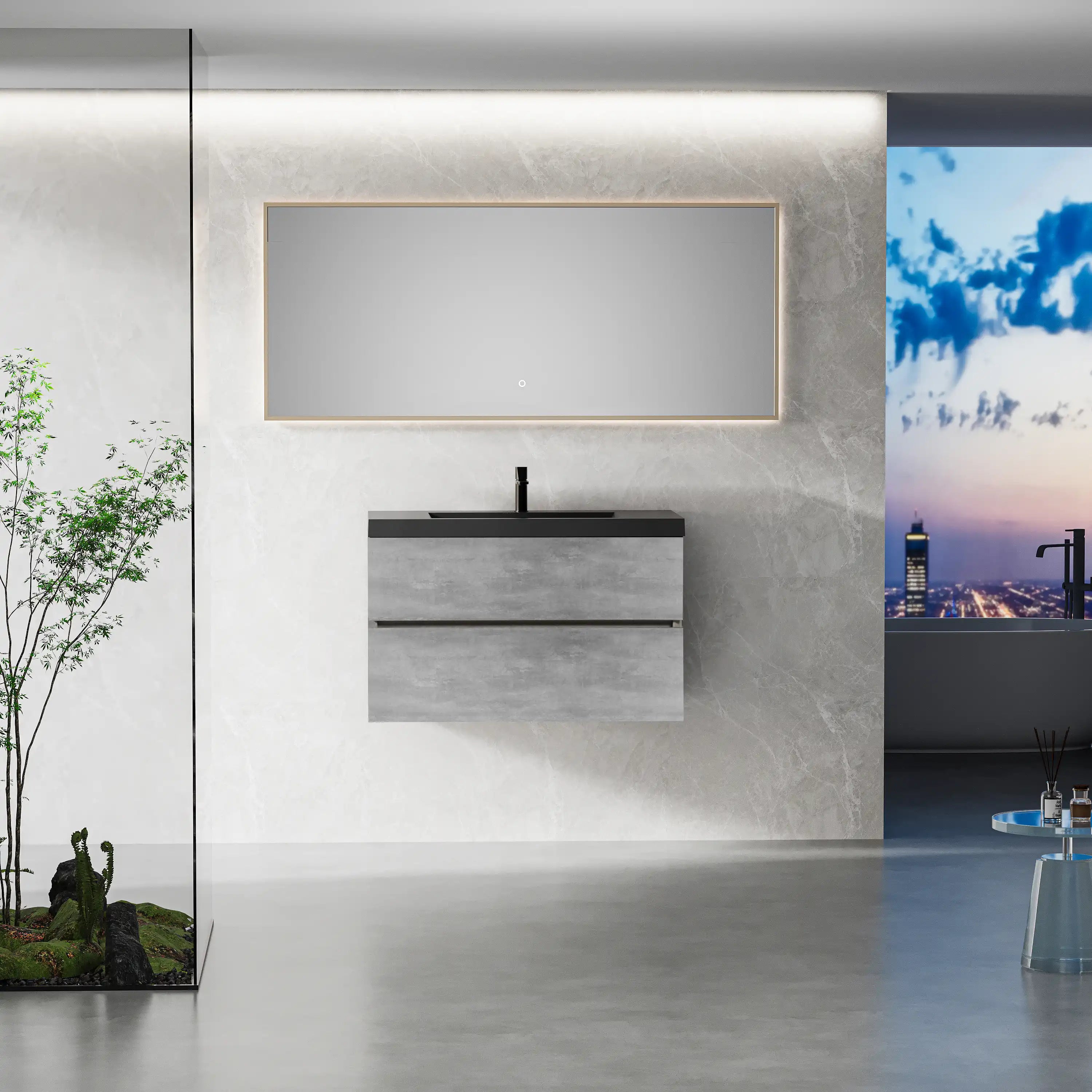 23''-47'' Floating Dark Grey Corner Vanity with Matte Black Sink - 2 Soft Close Drawers