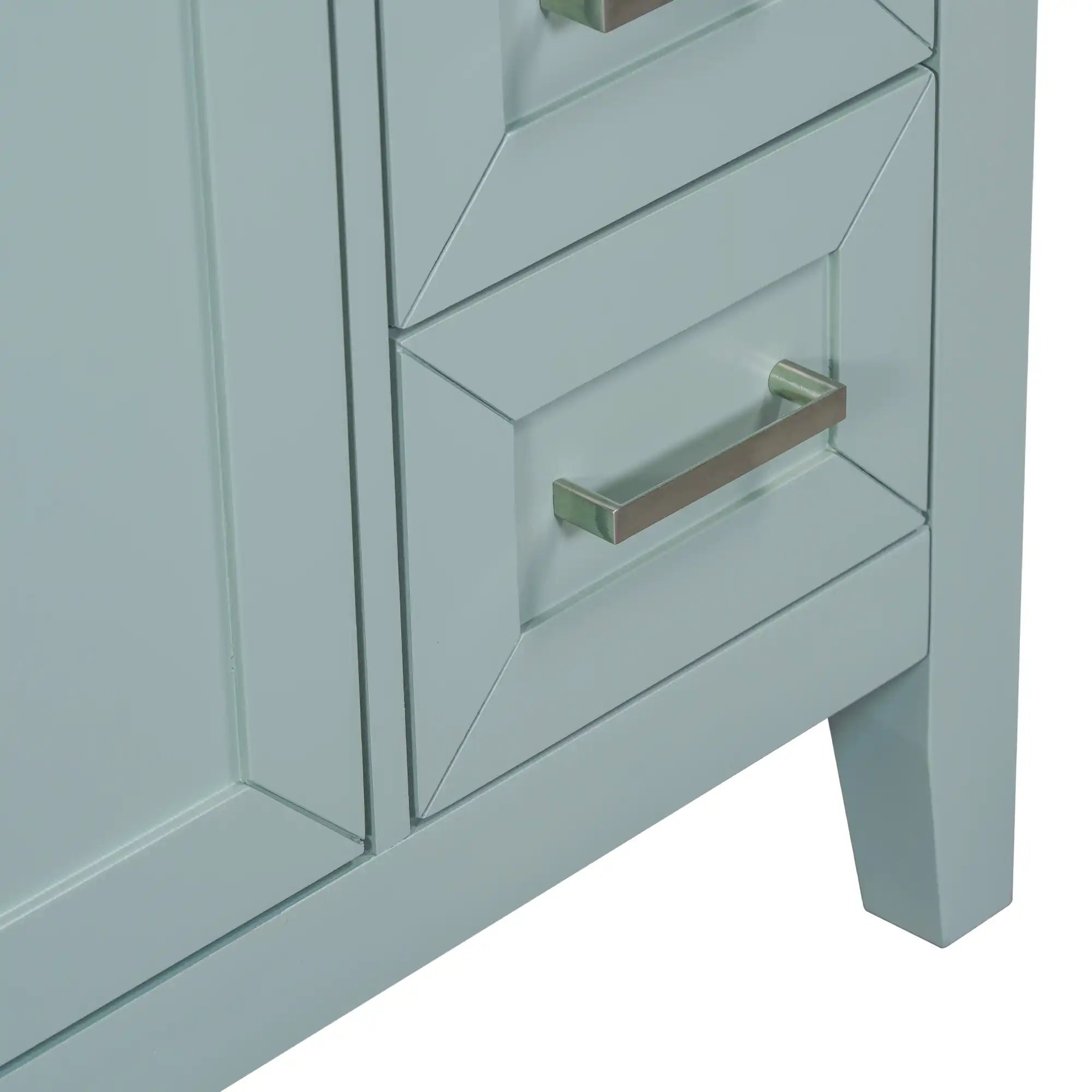 30 inch green bathroom vanity drawer detail with silver metal handle.