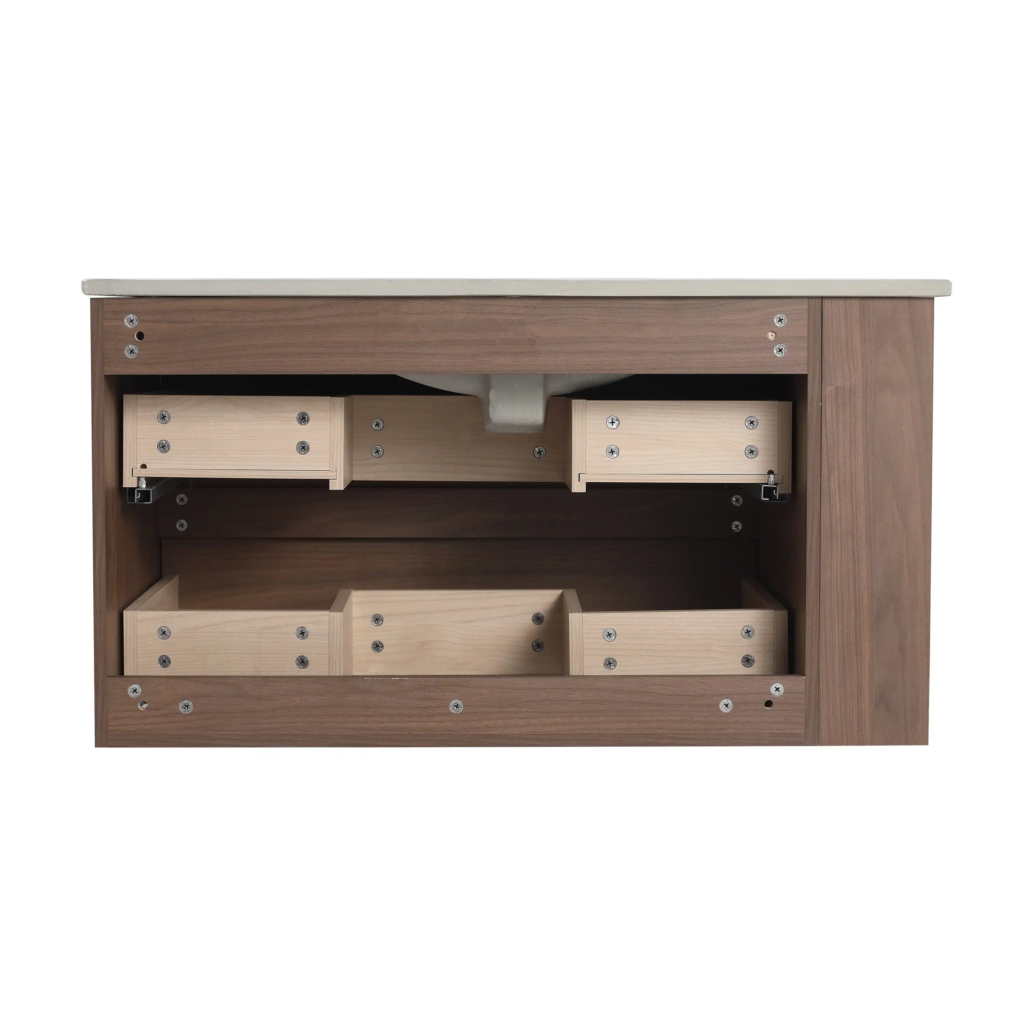 36" wall-mounted vanity underside view showing drawer structure for 36 inch wall mounted bathroom | Ace Decor