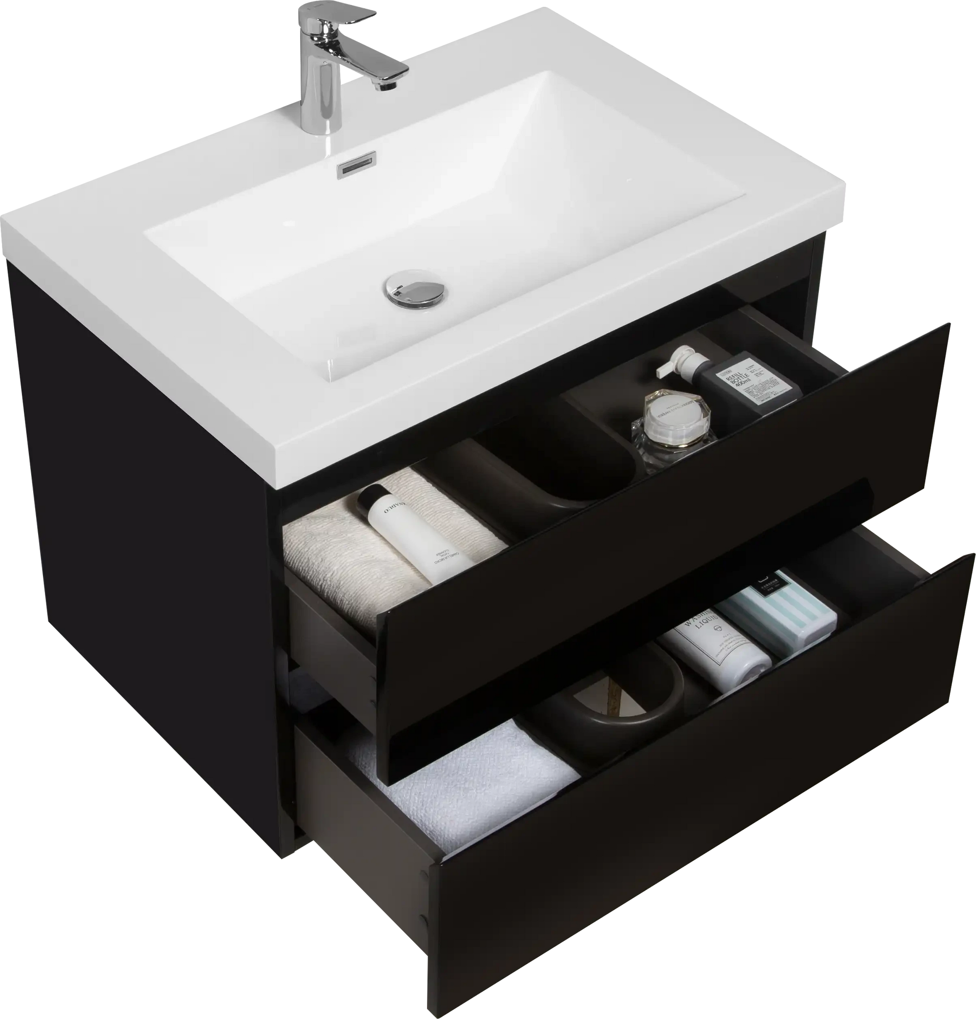 Floating Bathroom Vanity with Resin Top Basin &amp; Soft Close Drawers - Modern Wall-Mounted Storage Cabinet color: Black