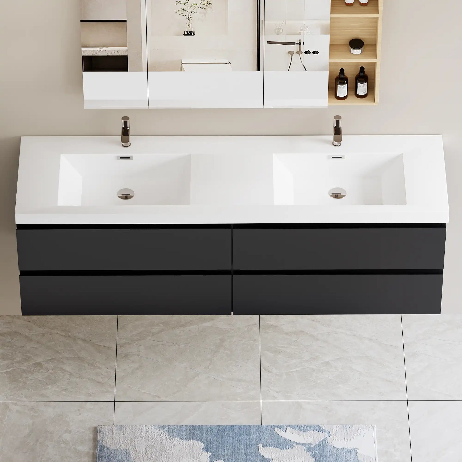 Sleek Floating Bathroom Vanity with Dual Resin Basins & Soft Close Drawers color: Black