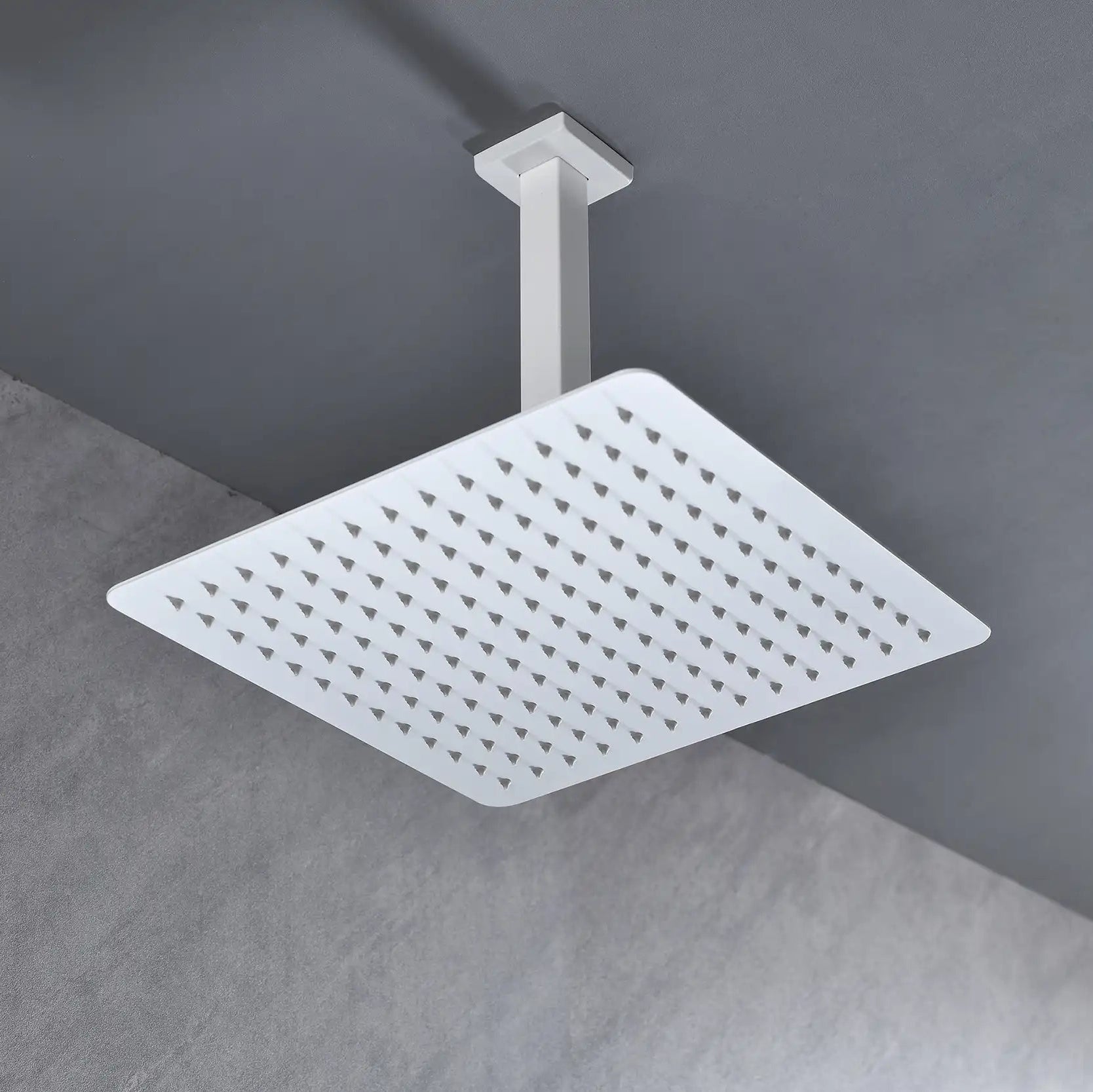 Modern bathroom view showing the Lorton 12" white rain shower head mounted overhead with a wide spray area.