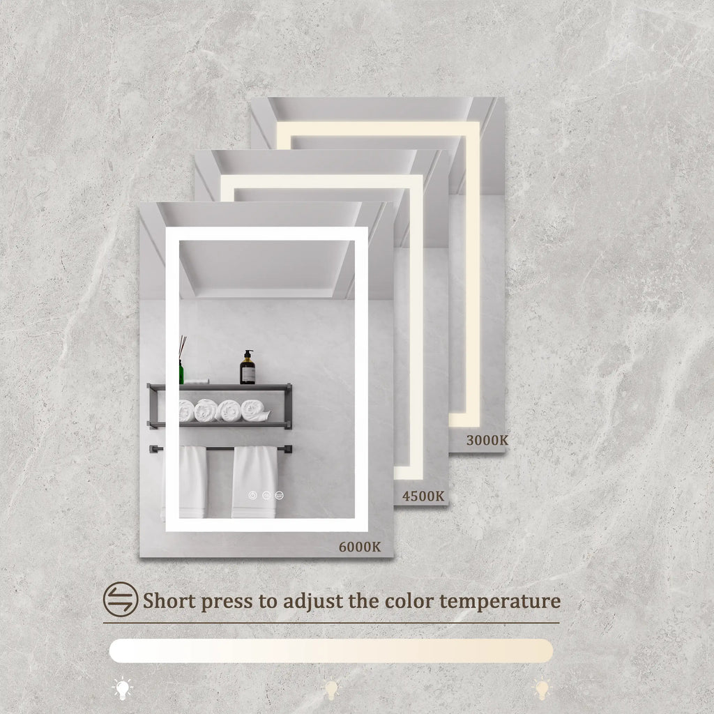 Orren bathroom LED mirror displaying adjustable color temperature from warm 3000K to cool 6000K via touch control.