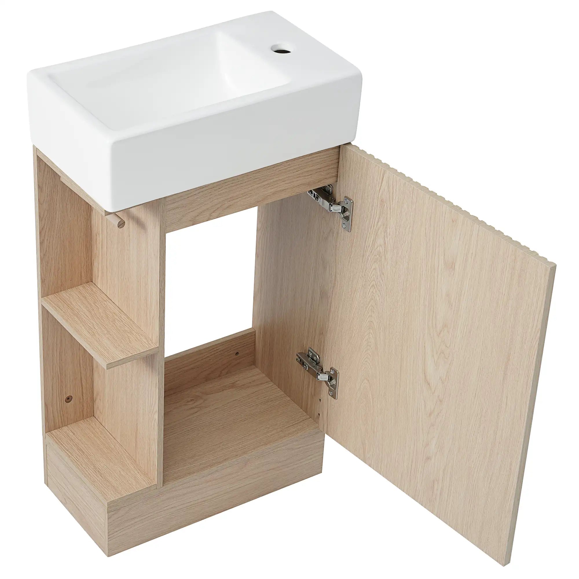 18.6" oak finish bathroom vanity with open cabinet door, top angled view | Ace Decor