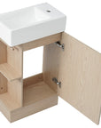 18.6" oak finish bathroom vanity with open cabinet door, top angled view | Ace Decor