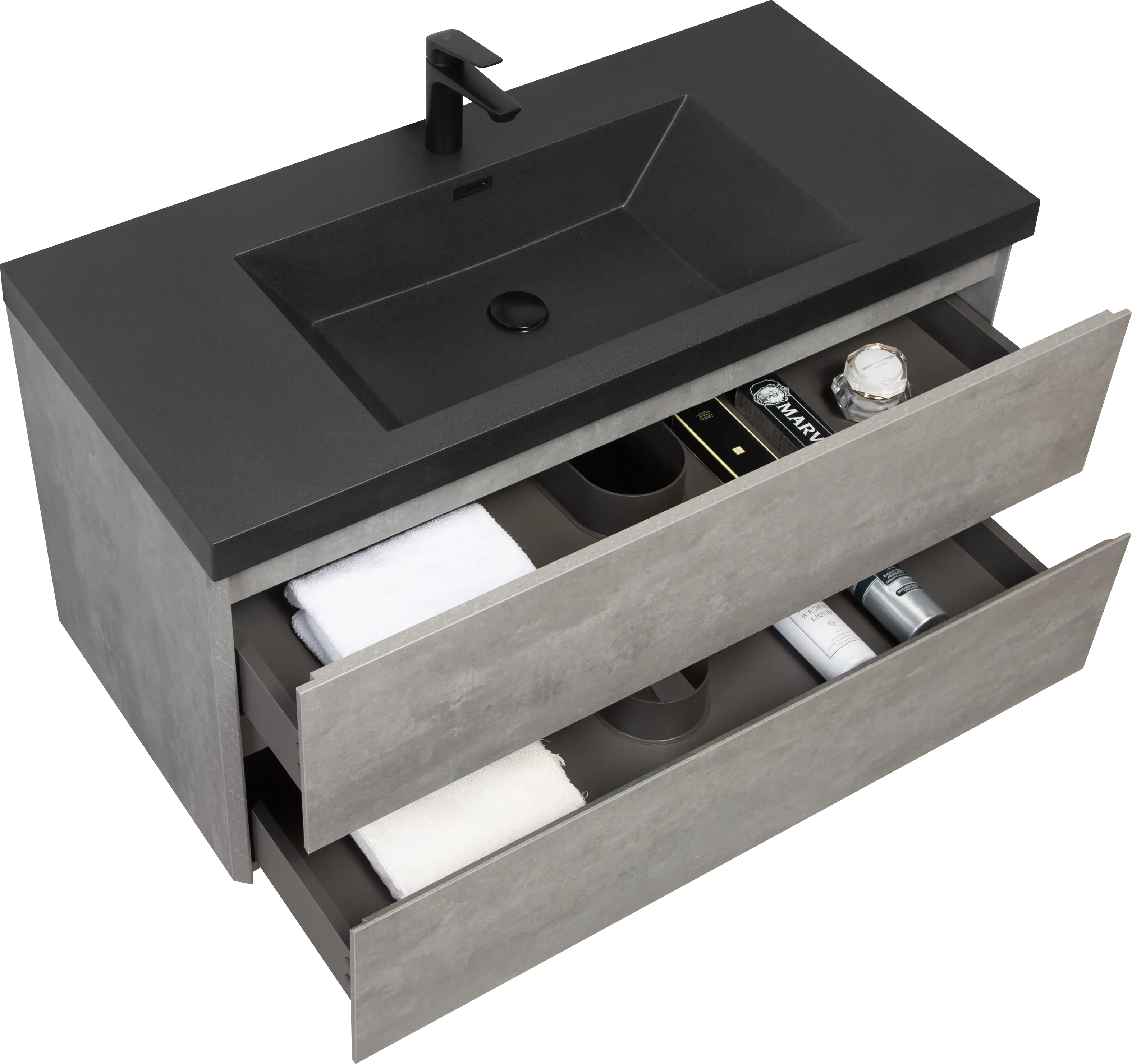 23''-47'' Floating Dark Grey Corner Vanity with Matte Black Sink - 2 Soft Close Drawers