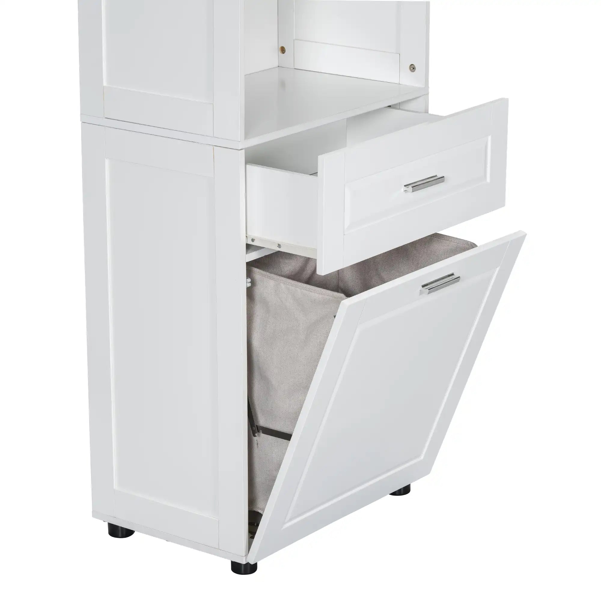 69.92” White Tall Bathroom Linen Cabinet with Open Shelves, Drawers &amp; Laundry Basket