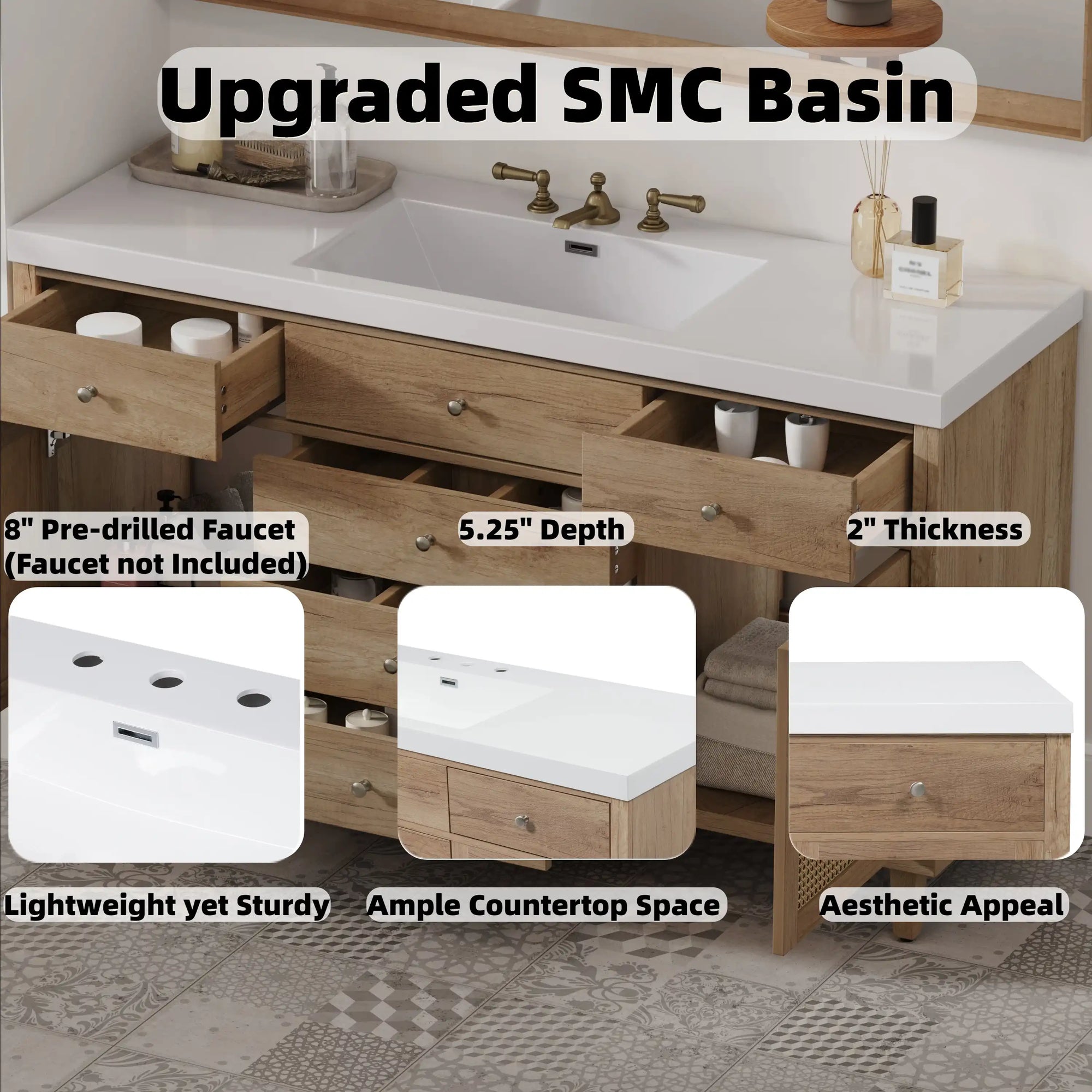 Soleil 60&quot; Bathroom Vanity with Sink, Natural Wood Cabinet with Drawers