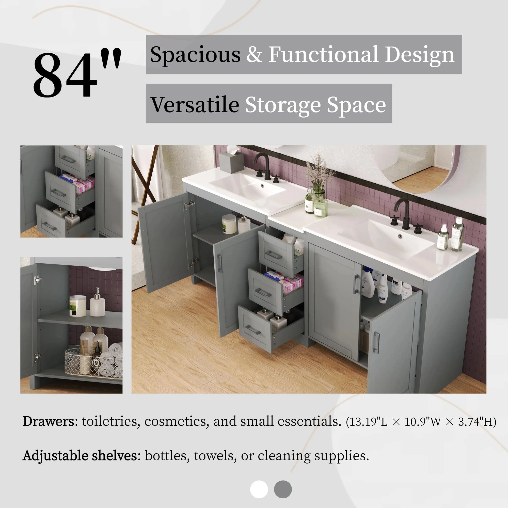 Elysian 84&quot; Freestanding Bathroom Vanity with Double Sinks – Grey