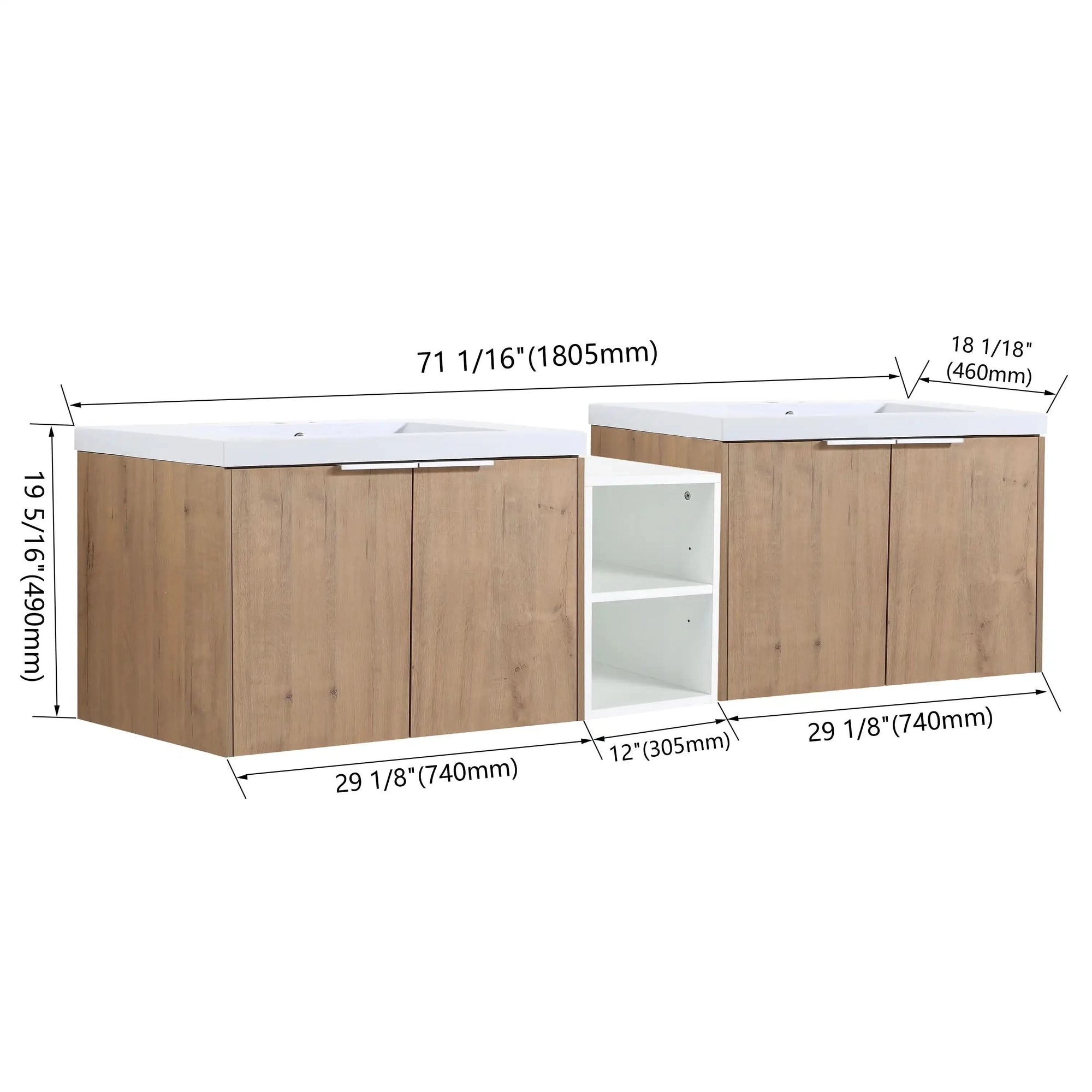 Floating Bathroom Cabinet with Sink &amp; Soft-Close Doors - Ideal for Small Bathrooms color: Imitative Oak | size: 71 inch | combination: Middle Side Cabinet