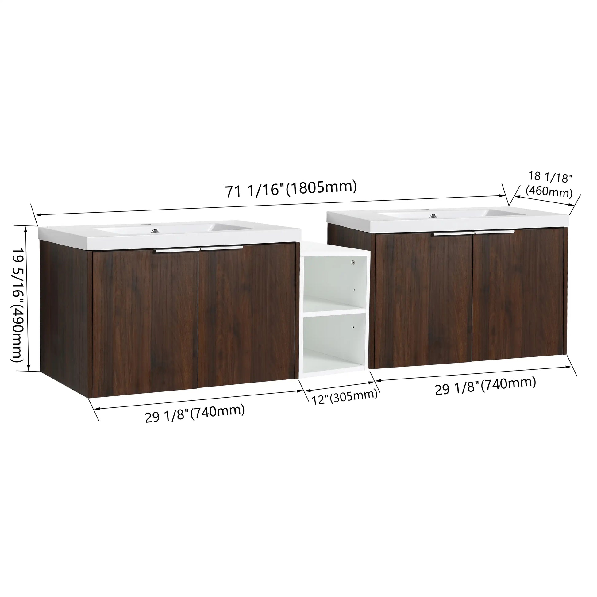 Floating Bathroom Cabinet with Sink & Soft-Close Doors - Ideal for Small Bathrooms color: California Walnut | size: 71 inch | combination: Middle Side Cabinet