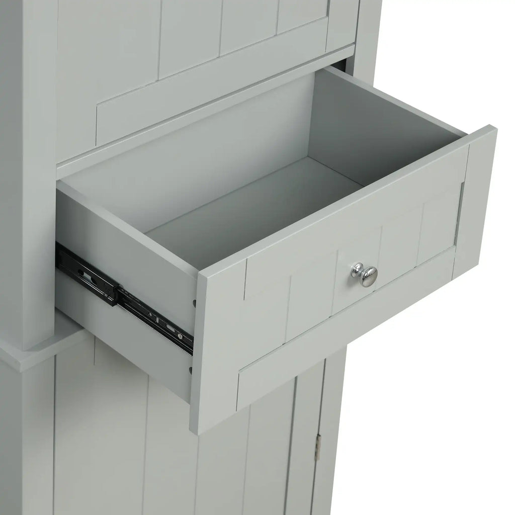 Open drawer and cabinet showing interior storage space inside this Norrin tall grey bathroom cabinet.