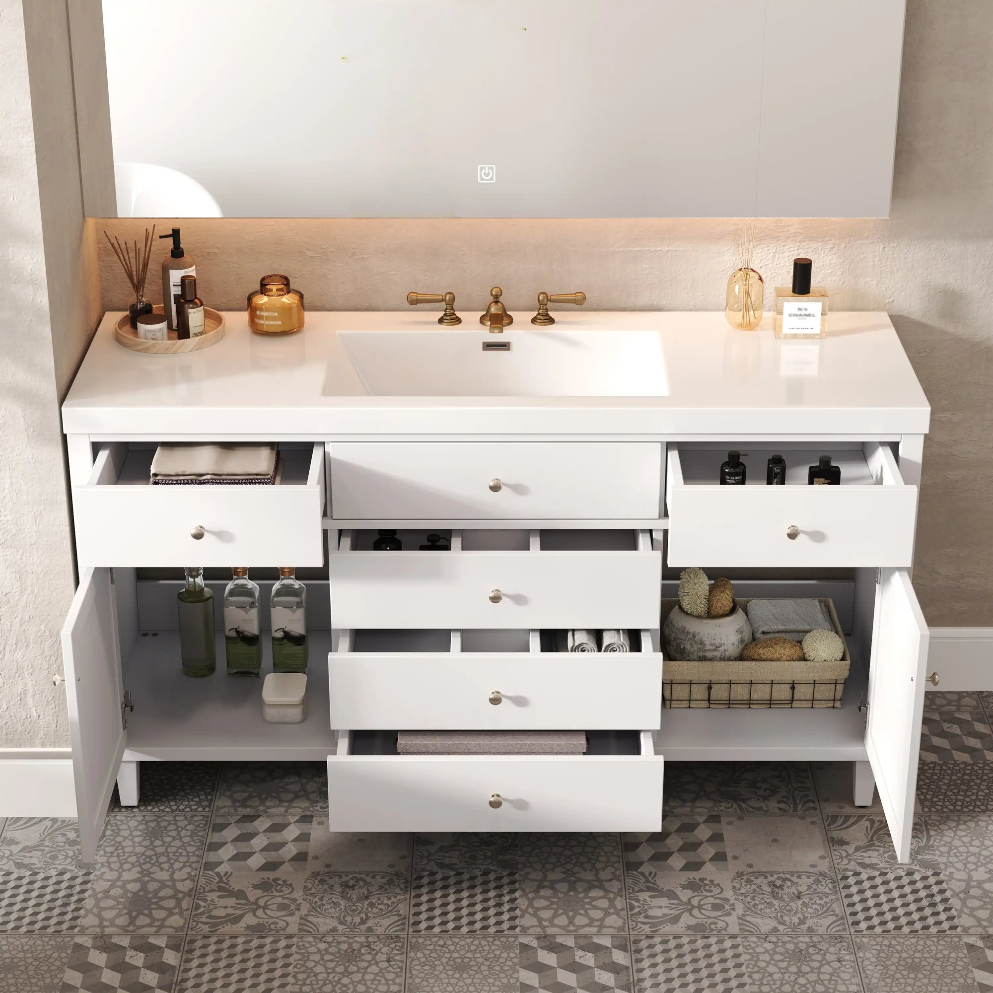 Soleil 60&quot; Bathroom Vanity with Sink, Elegant White Cabinet with Drawers