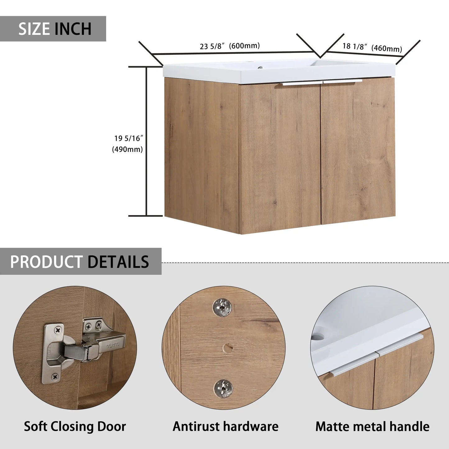 Floating Bathroom Cabinet with Sink & Soft-Close Doors - Ideal for Small Bathrooms color: Imitative Oak | size: 24 inch | combination: Separate Wash Basin