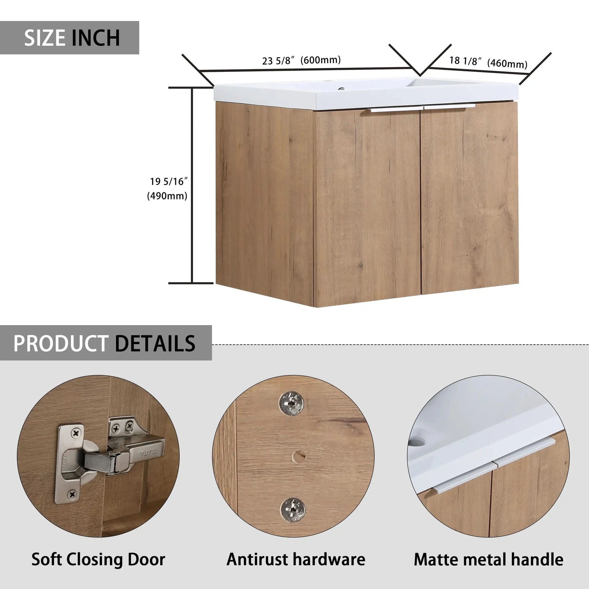 Floating Bathroom Cabinet with Sink &amp; Soft-Close Doors - Ideal for Small Bathrooms color: Imitative Oak | size: 24 inch | combination: Separate Wash Basin