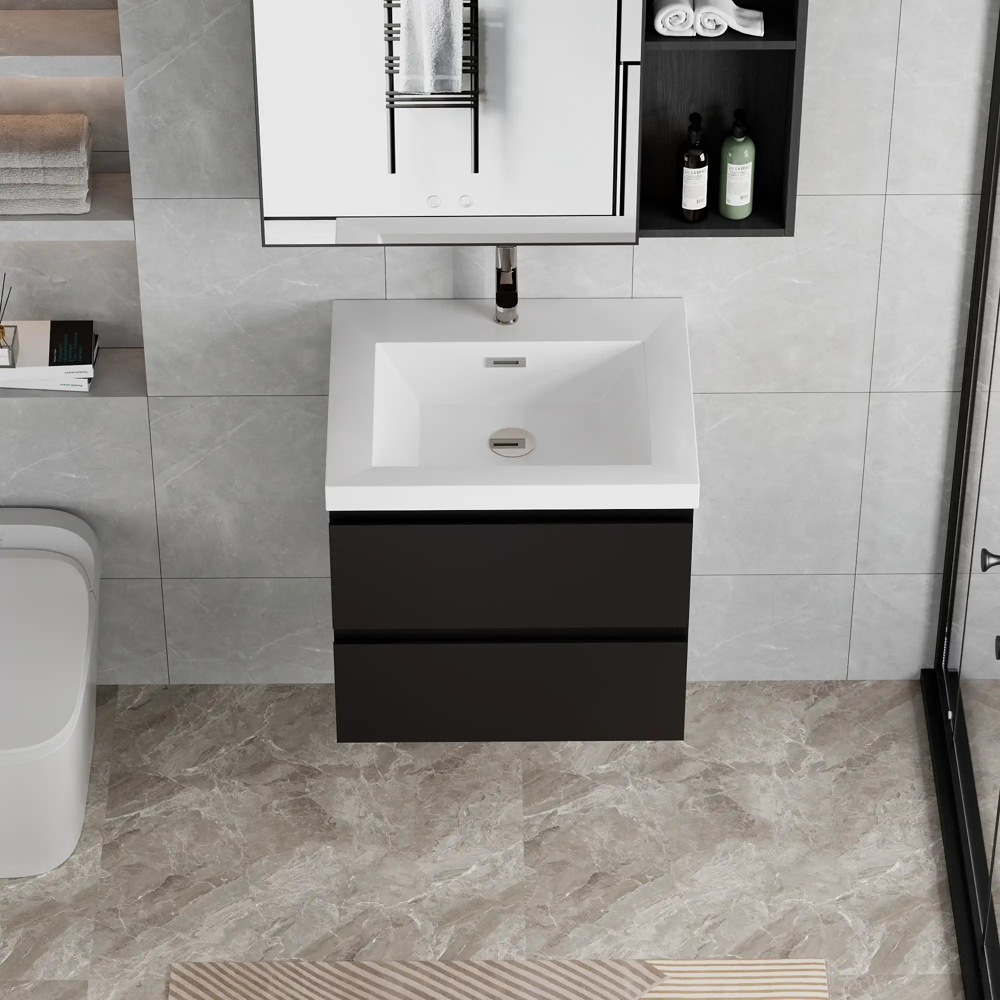 23-42 Inch Glossy Black Bathroom Floating Vanity with Resin Sink and 2 Soft-Close Drawers
