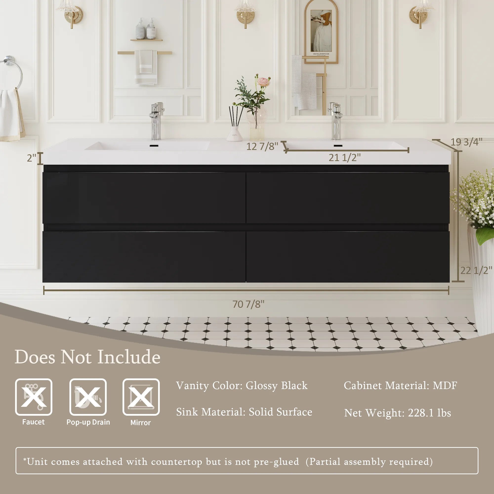 TerraLine 72" black floating vanity specifications with dimensions, weight and materials.