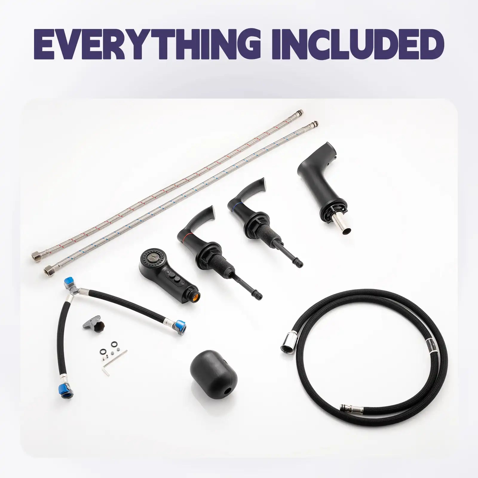 Harbor Series matte black faucet package with sprayer, handles, hoses and installation kit.