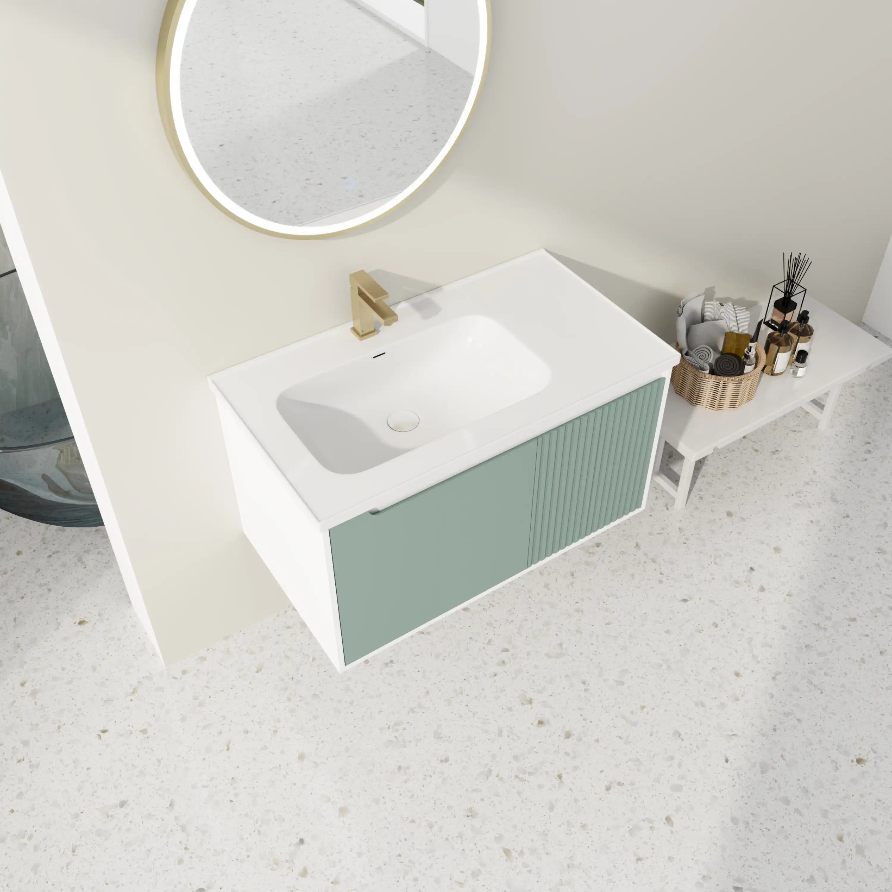 Top view of 36" bathroom vanity sink with integrated ceramic basin and gold faucet.