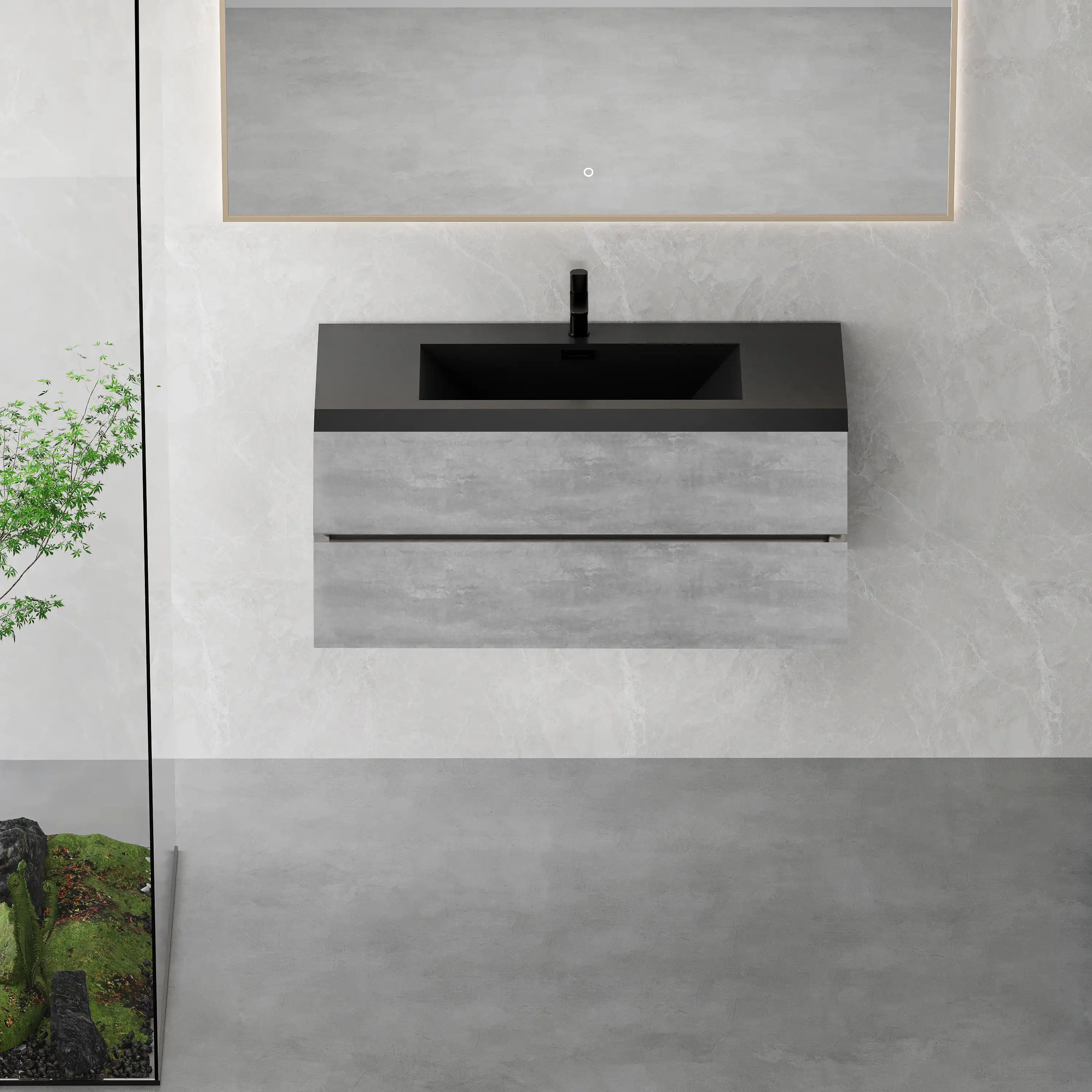 23''-47'' Floating Dark Grey Corner Vanity with Matte Black Sink - 2 Soft Close Drawers