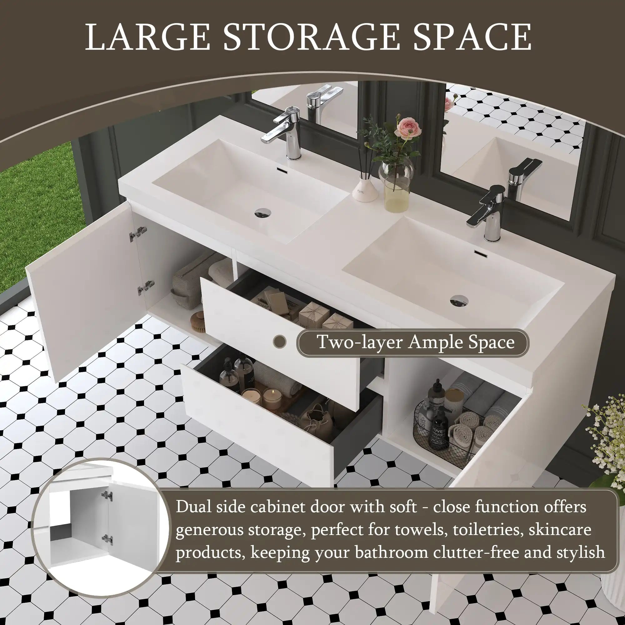 59 inch double sink vanity showcasing large storage drawers and side cabinets for shared bathrooms | Ace Decor